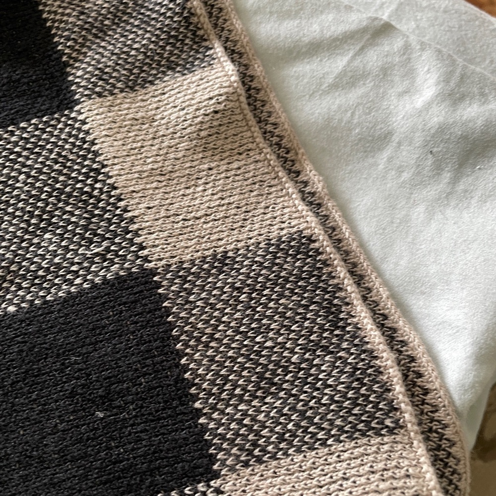 Eileen Fisher black and beige plaid top. Finished edges.